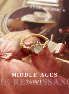 Vintage轻中古法式宫廷风戒指猫眼石食指戒菱形开口可调节指环