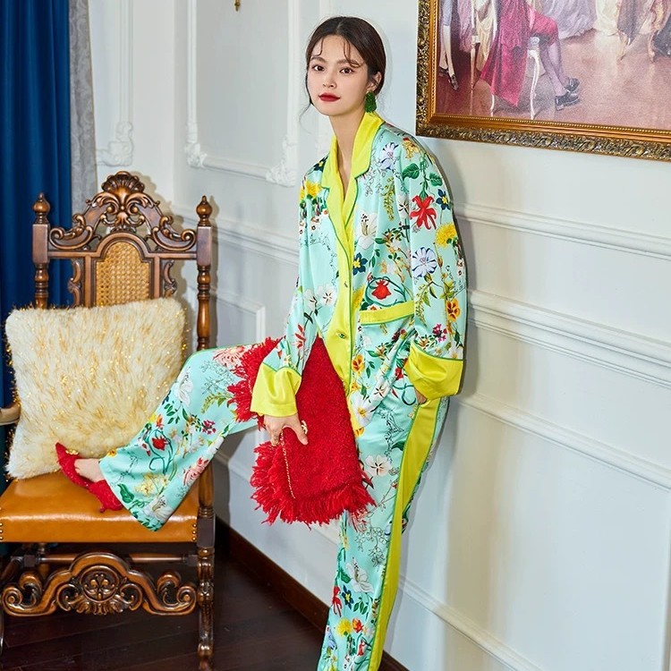 奇遇花园撞色2022春秋款长袖长裤印花睡衣家居服休闲可外穿套装