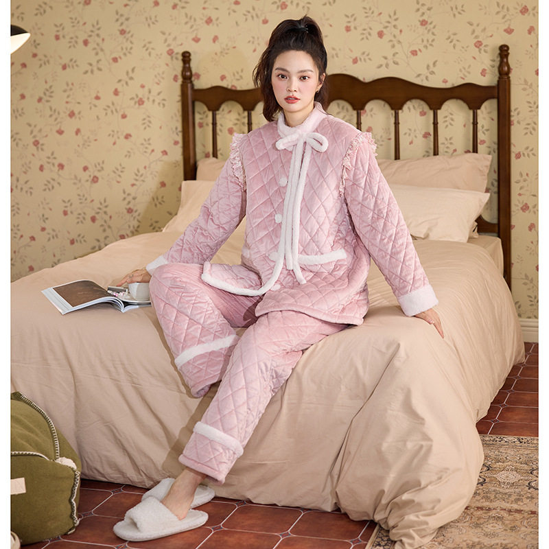 月光女神秋冬季三层夹棉加绒加厚保暖女士睡衣家居服套装可外出