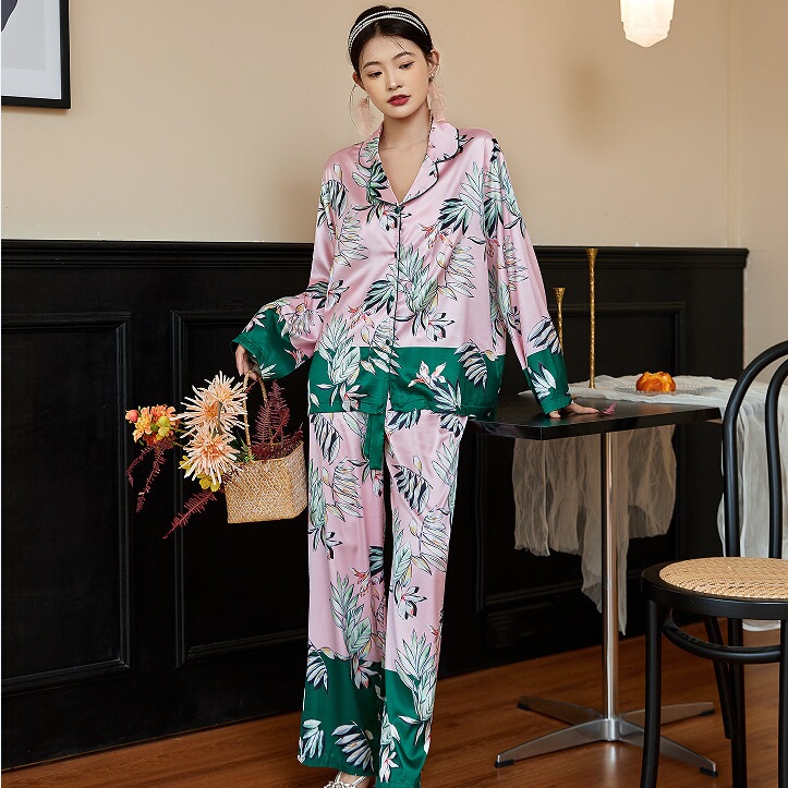 级感舒适原创冰丝绸缎睡衣套装女甜美大牌西装长袖裤家居服外穿