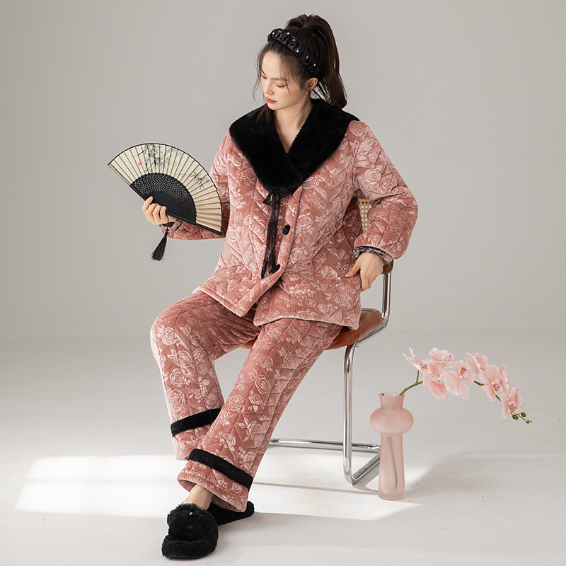新款落日玫瑰时尚新中式盘长袖长裤扣印花夹棉加厚保暖家居服