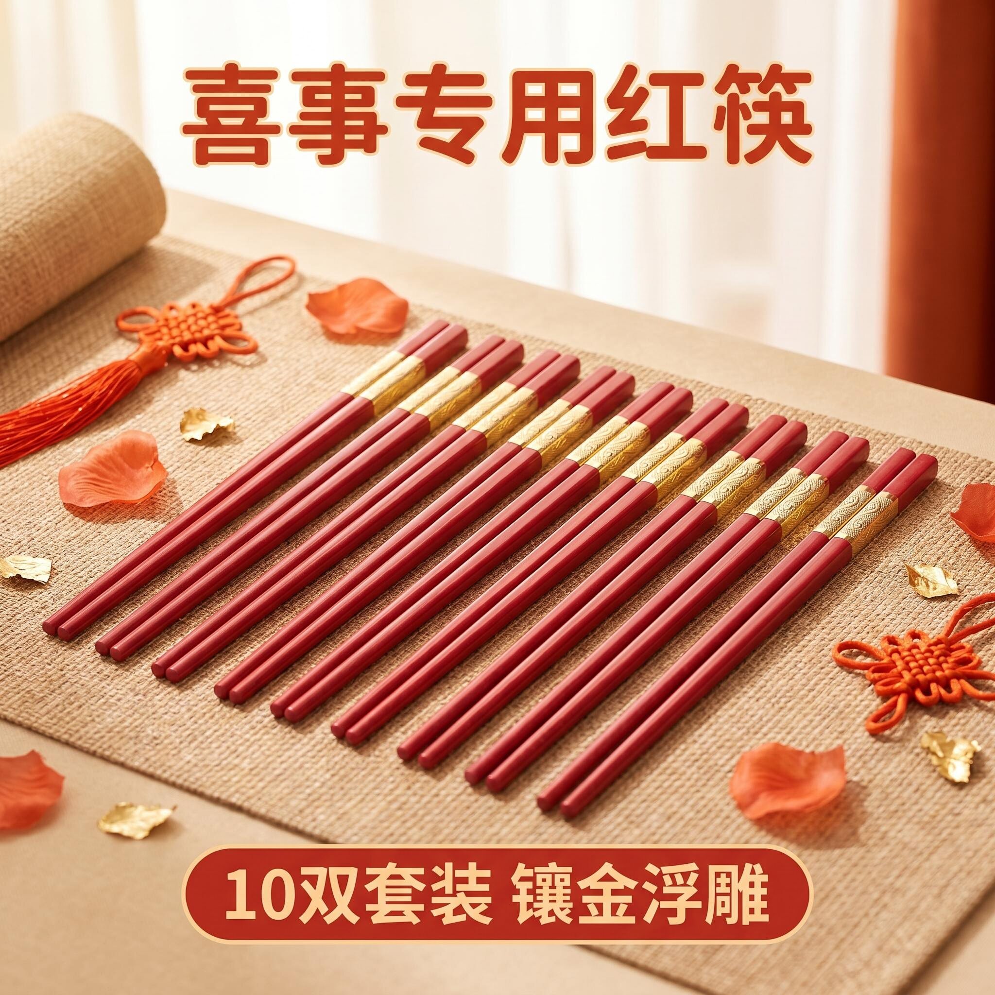 喜事专用红筷10双镀金防滑