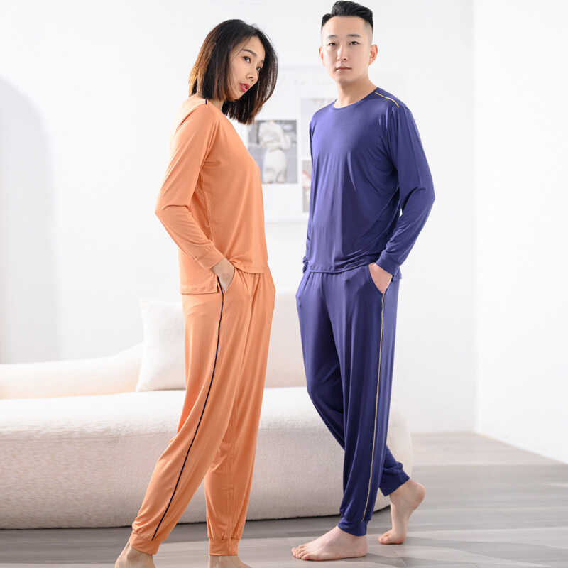 时尚女性莫代尔长袖睡衣秋季可外穿运动瑜伽跑步男家居服情侣套装