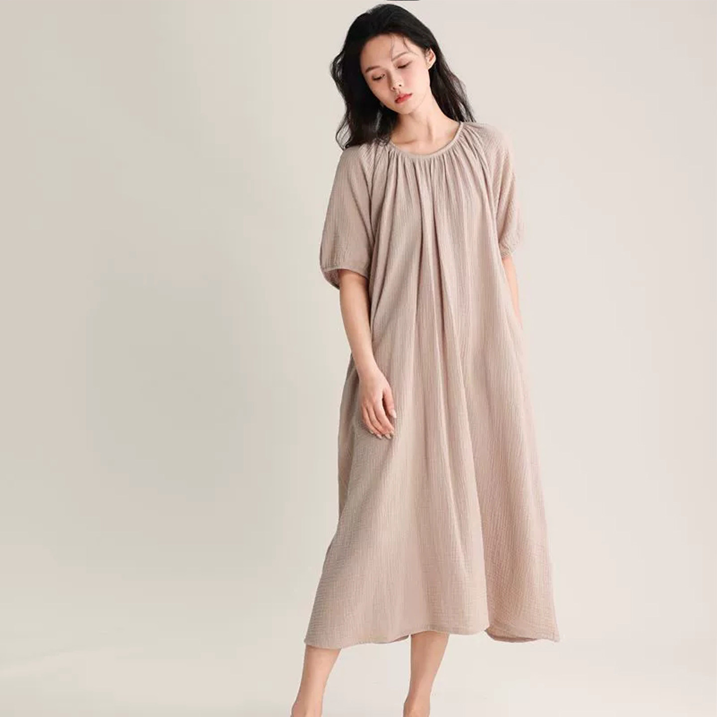 日系无印风大码睡衣女士过膝短袖睡裙夏季中年胖姐妈妈棉纱家居服
