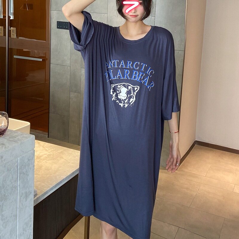 欧美慵懒加大码莫代尔睡裙夏季薄款短袖睡衣女宽松休闲外穿孕妇裙