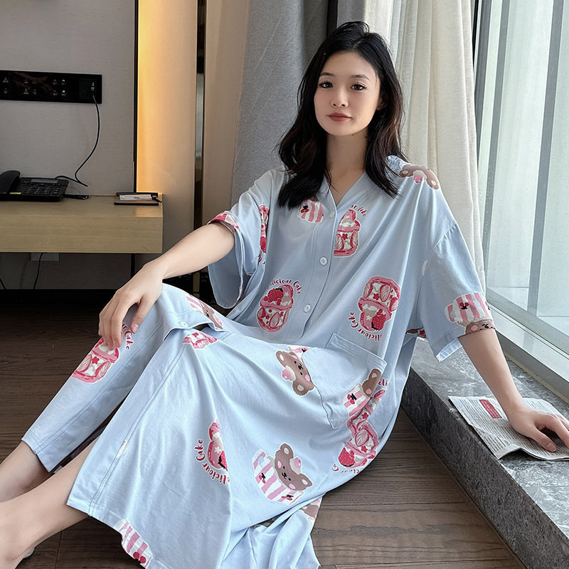 长款胖MM大码睡裙夏季200斤睡衣女薄款纯棉开衫小翻领显瘦孕妇裙