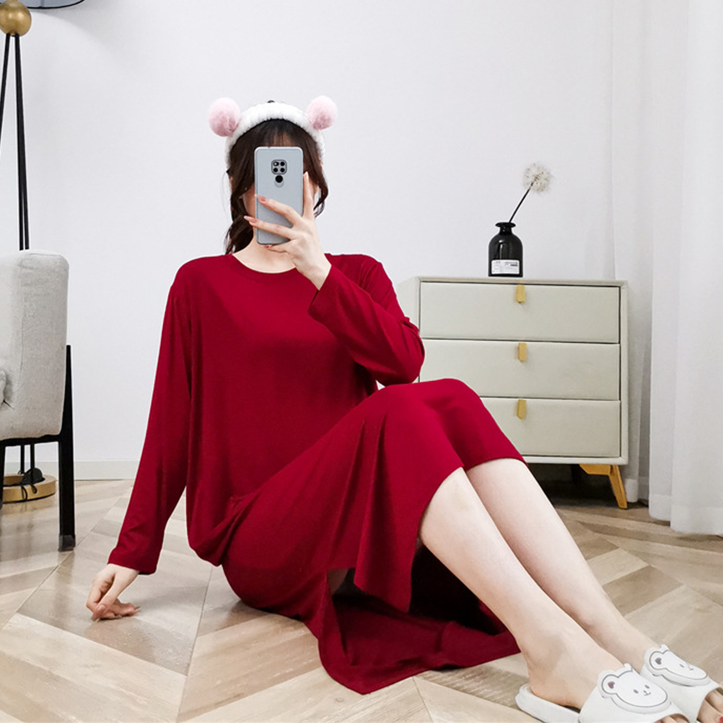 过膝中长裙莫代尔睡衣女裸感长袖睡裙春夏季大码韩版侧开叉家居裙