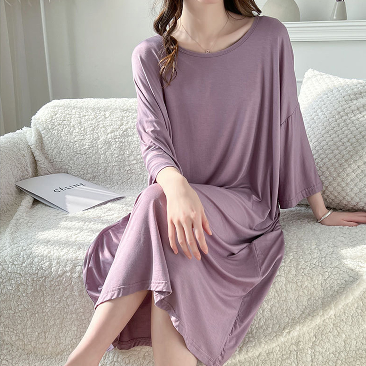 遮肉大码七分袖睡衣女夏季莫代尔睡裙200斤胖MM半袖家居服孕妇裙