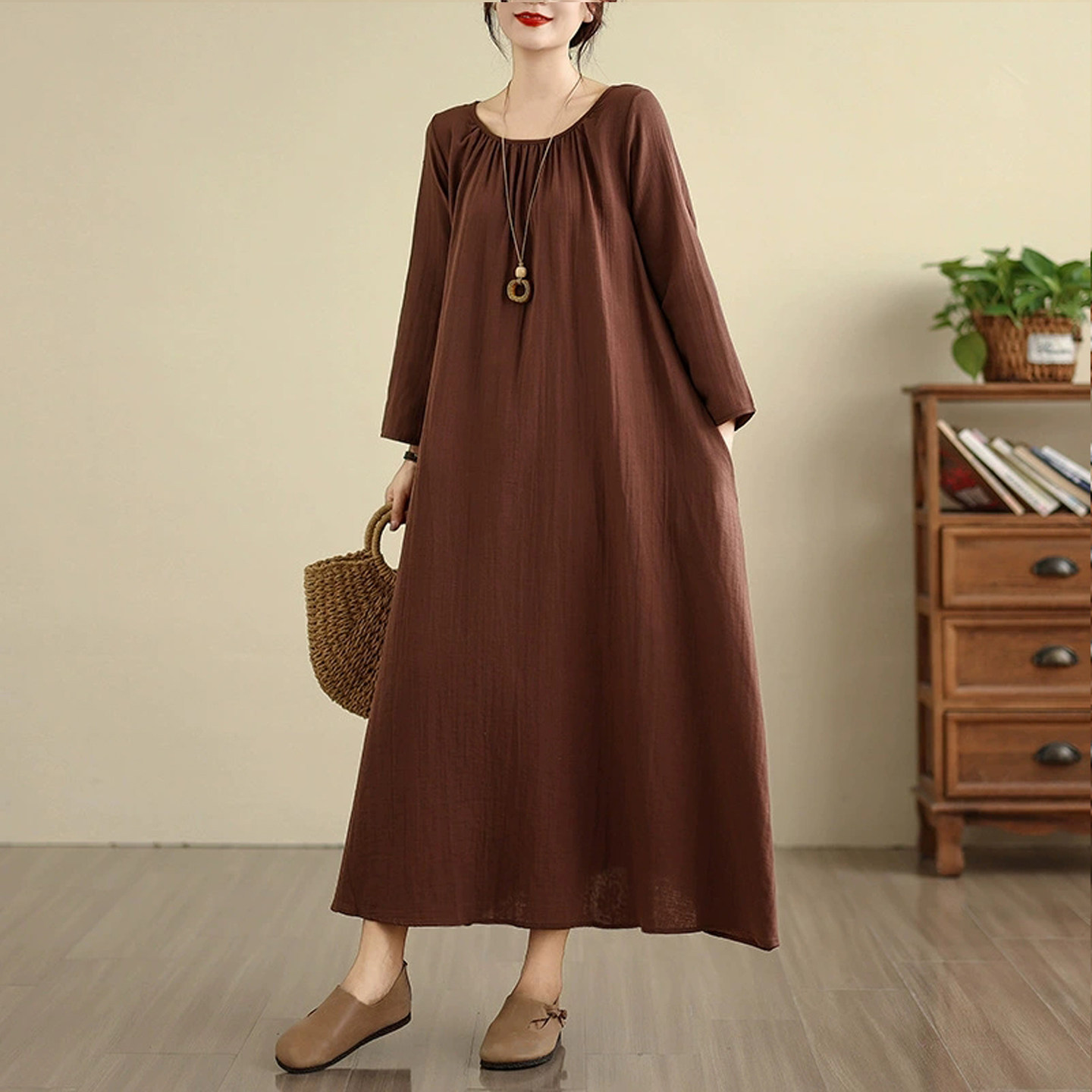 可外穿长款长袖睡裙春夏季薄款棉麻长裙大码睡衣女中年妈妈家居服