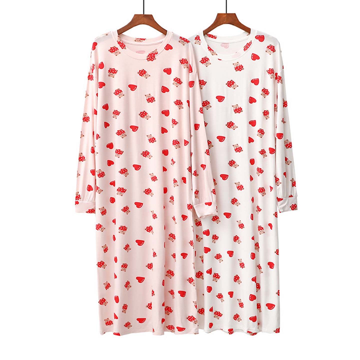 减龄可爱少女孩莫代尔睡裙春夏季卡通爱心熊长袖睡衣女中裙家居服