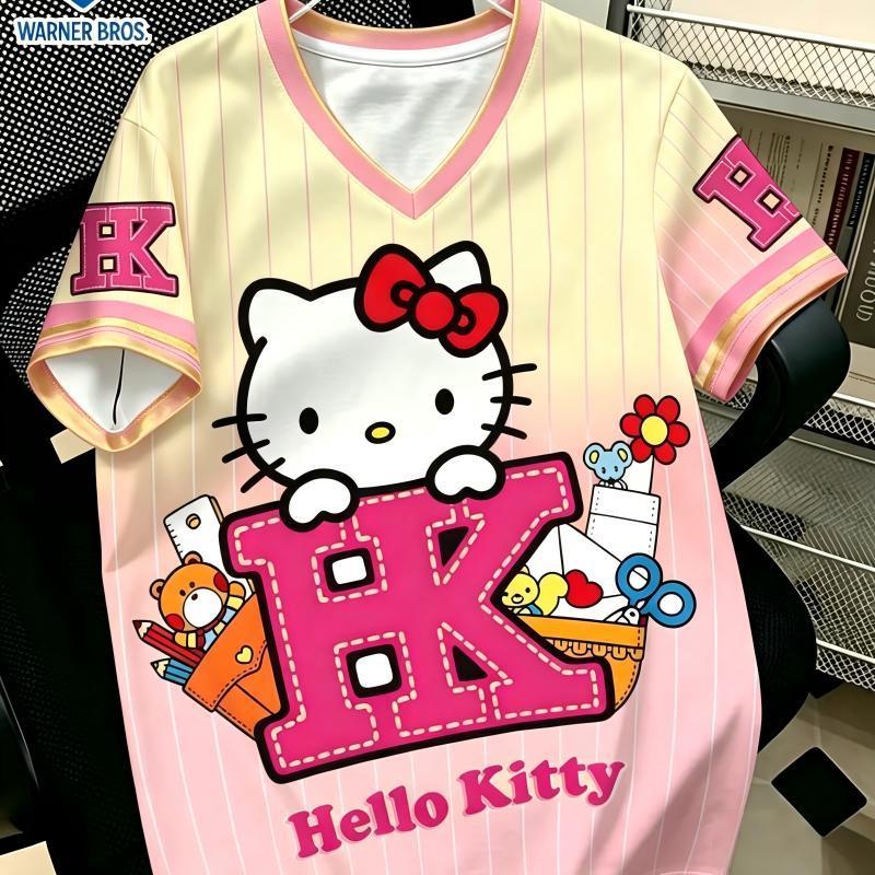 HelloKitty卡通印花V领短袖T恤男女宽松可爱休闲上衣儿童男女同款