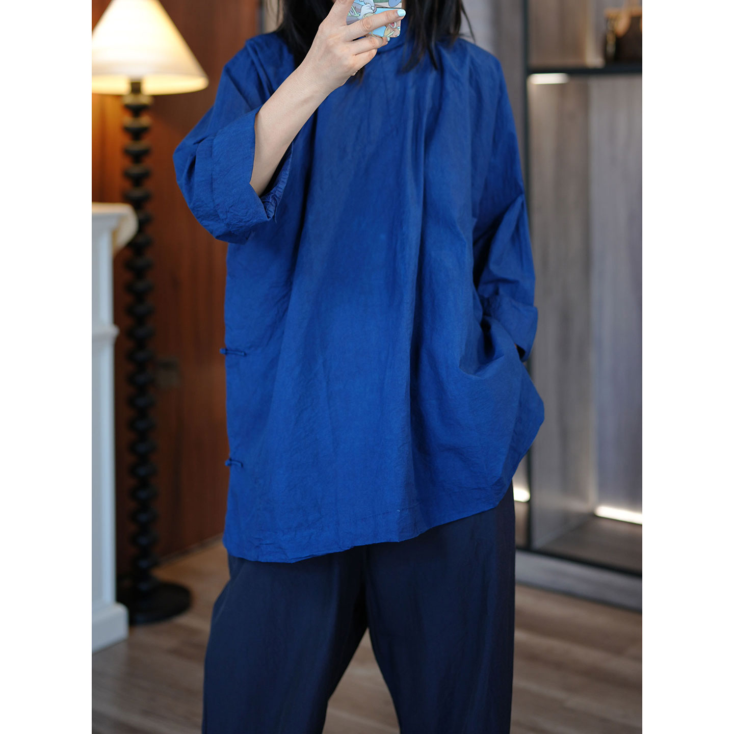 中式复古草木蓝染纸感棉盘扣上衣