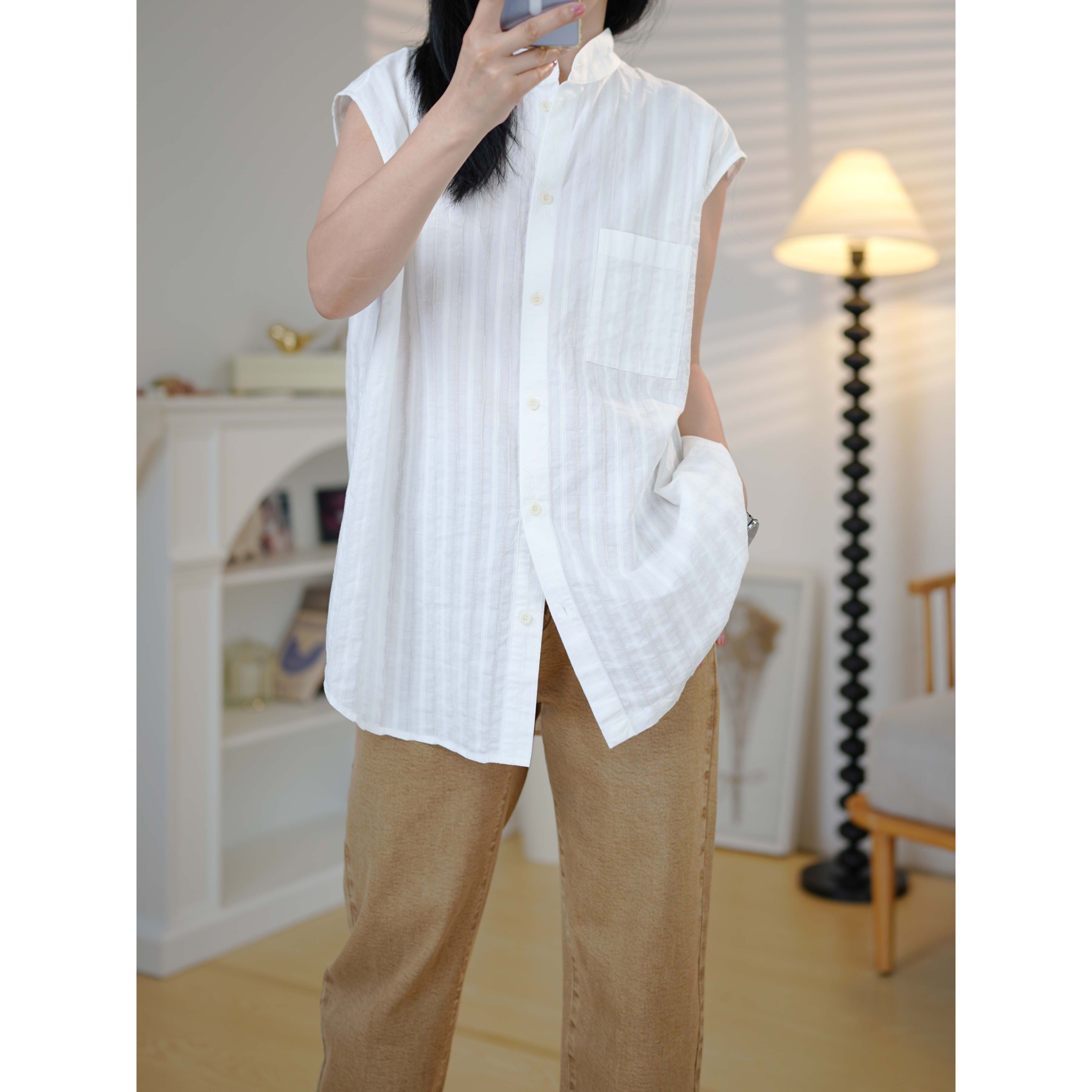 6号衣橱 l 小众设计感 全棉暗纹提花立领后立体拼接白色无袖衬衫,女装/女士精品,衬衫,淘宝优惠券,粉丝福利购,淘宝优惠卷