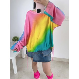 6号衣橱 l 意大利山羊绒 衣摆抽绳彩虹色 宽松圆领针织衫（少量）