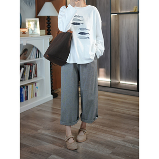 6号衣橱 格雷系日系慵懒松弛 色织全棉格纹抽绳松紧腰9分休闲裤