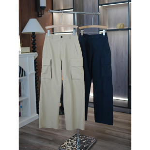 全棉立体贴袋半松紧腰宽松直筒休闲裤 6号衣橱 风 日系飒美工装