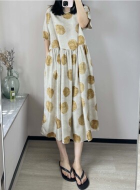 6号衣橱 l 复古UW 重磅真丝脏洗染色波点黄 圆领长款连衣裙