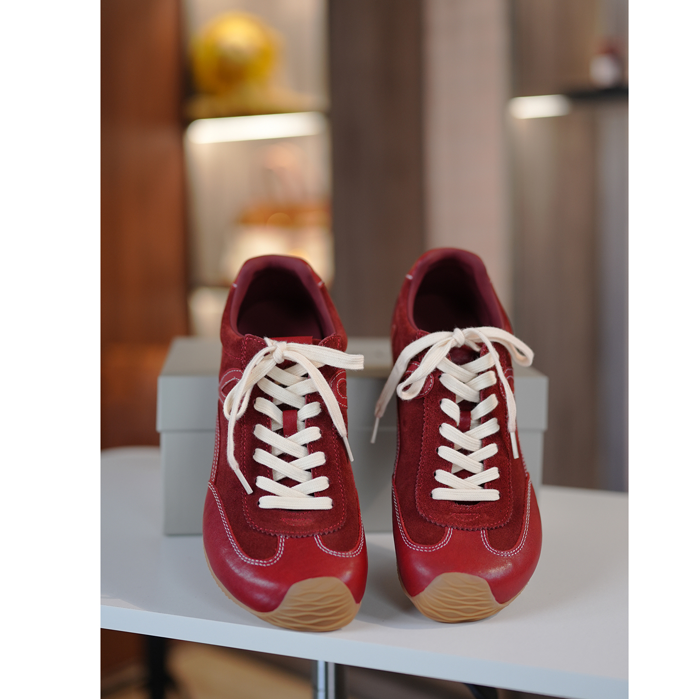 波尔多红牛皮拼接系带德训鞋