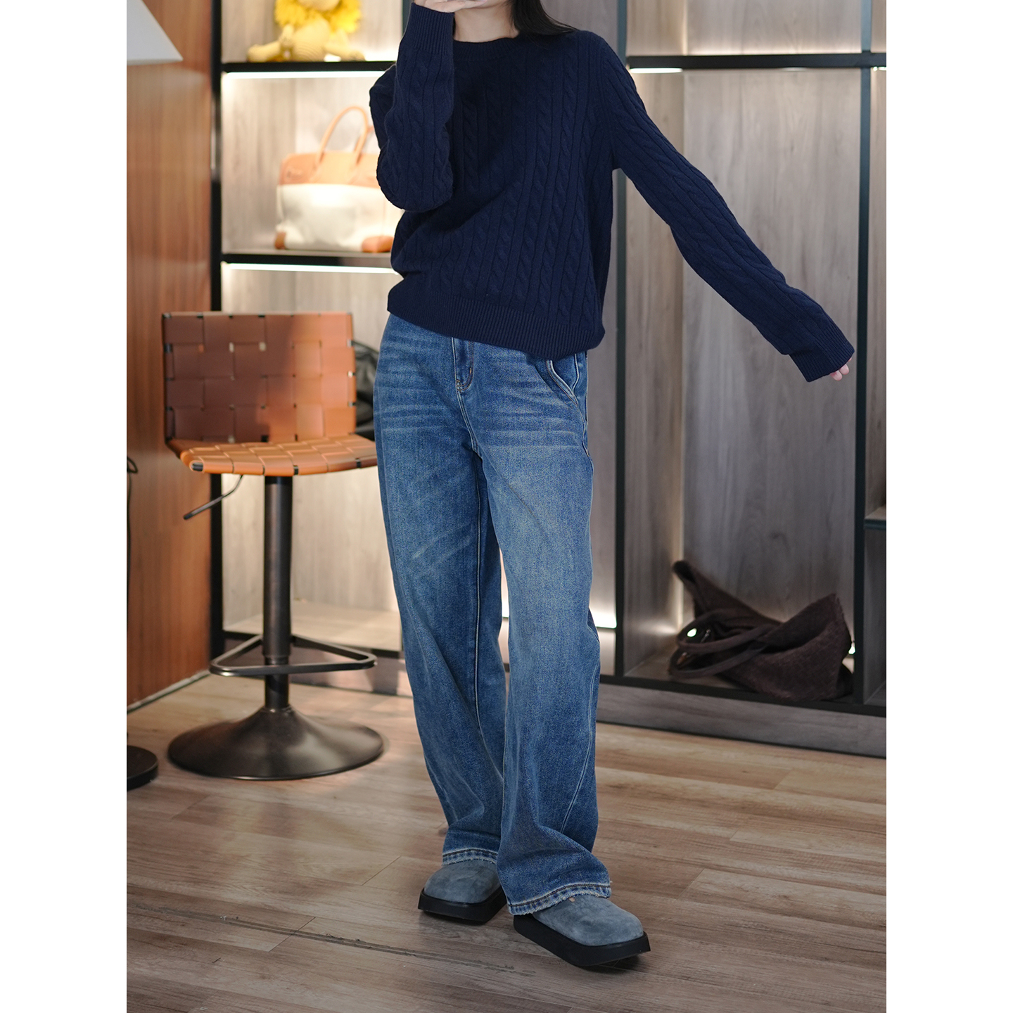 加绒加厚宽松直筒百搭复古牛仔裤