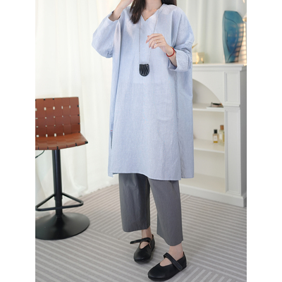 日系简约轻薄棉麻V领T恤连衣裙