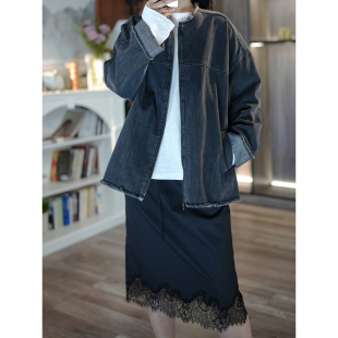 小狗出品 26春 醋酸丹宁洗水做旧须边圆领拉链牛仔外套 6号衣橱