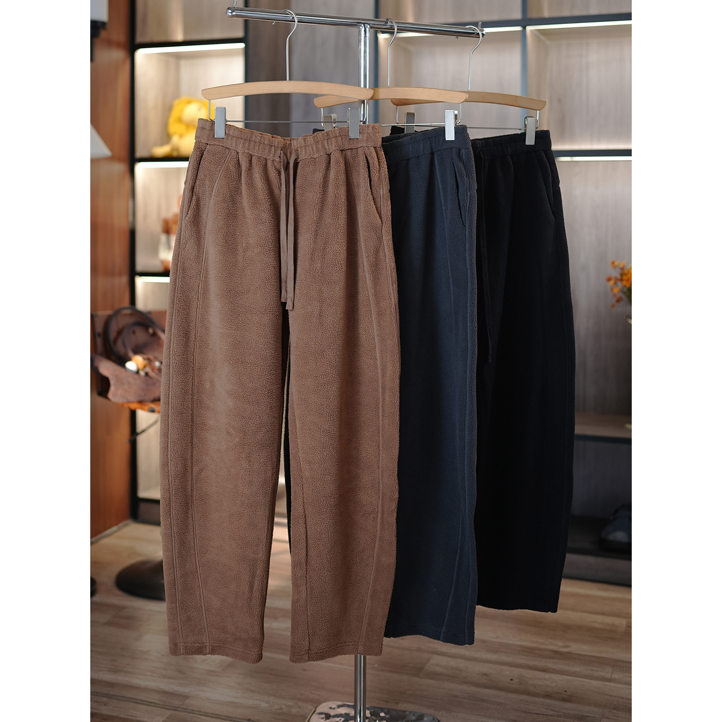 摇粒绒松紧腰宽松弯刀裤休闲裤