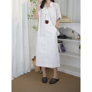 6号衣橱 l 日系文艺 斜纹弹力棉松紧腰宽松A字中长款白色半裙OK