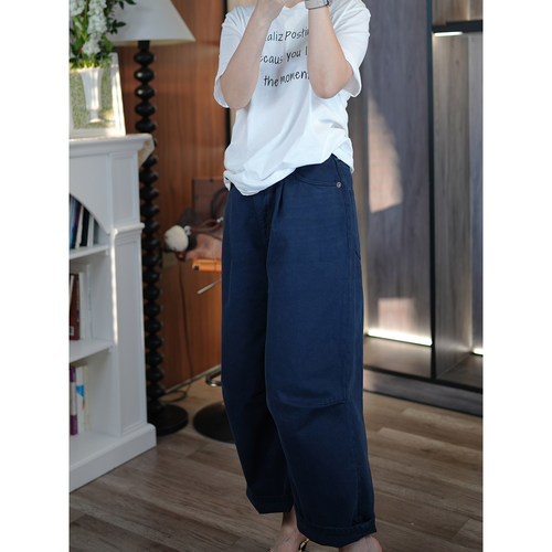 小众百搭有型立体压褶9分牛仔裤