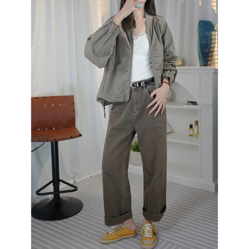 简约百搭洗水丹宁宽松直筒牛仔裤