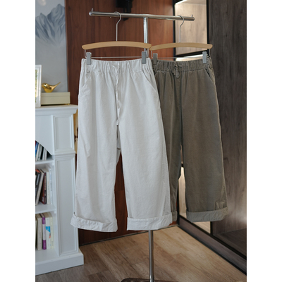 日系平绒松紧腰直筒9分休闲裤