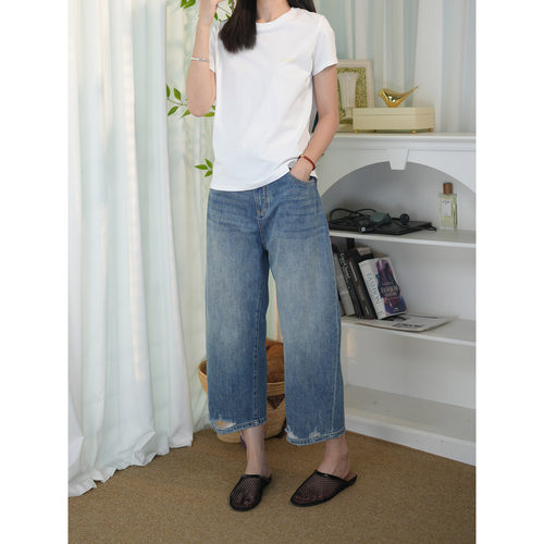 土耳其丹宁破洞做旧9分牛仔裤