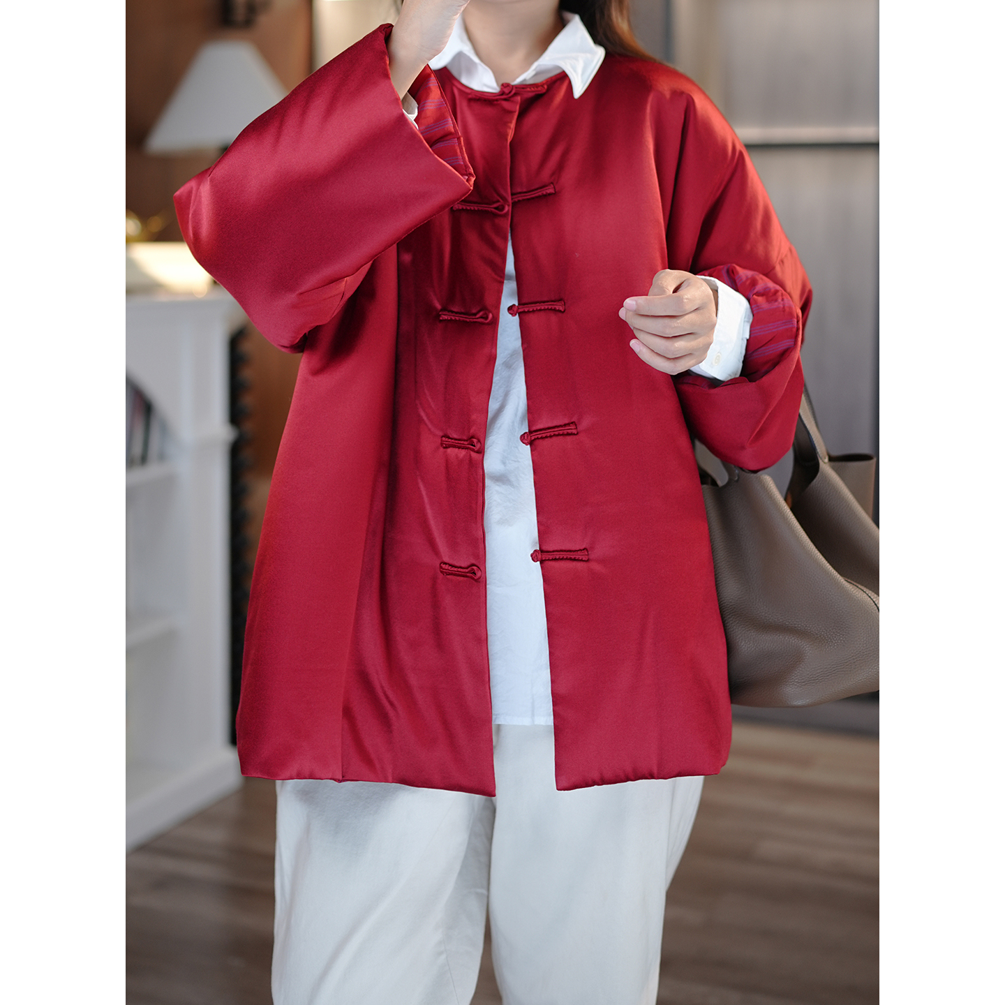 新中式真丝夹棉手工盘扣红色外套