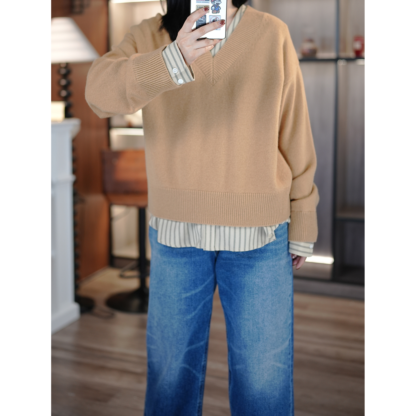 小众松驰羊毛拼接条纹假两件毛衣