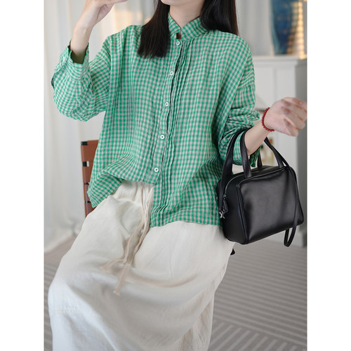 日系早春亚麻格纹长袖衬衫