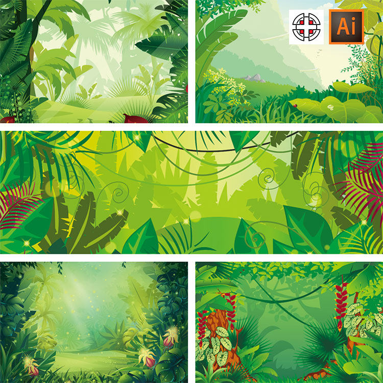 热带雨林绿色树林森林植物树叶卡通风景插画背景墙纸矢量设计素材