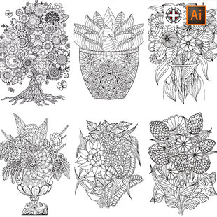 曼陀罗风花卉树盆栽线稿激光切割填色装饰画纹身印花AI矢量素材