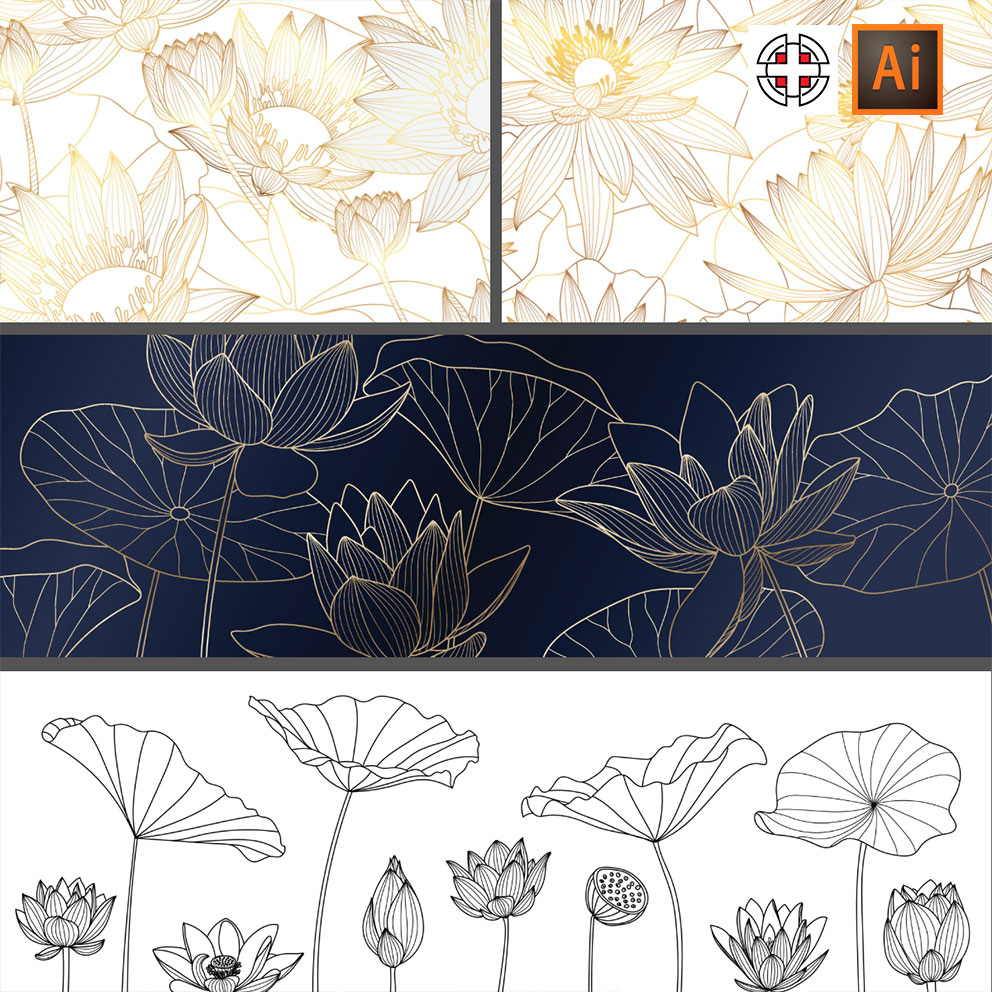 中国风荷花金色描边线描线条白描背景墙纸装饰画ai矢量设计素材