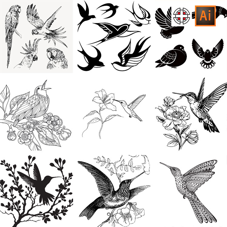 小鸟飞鸟剪影插图黑边雕刻草图图标AI矢量设计素材