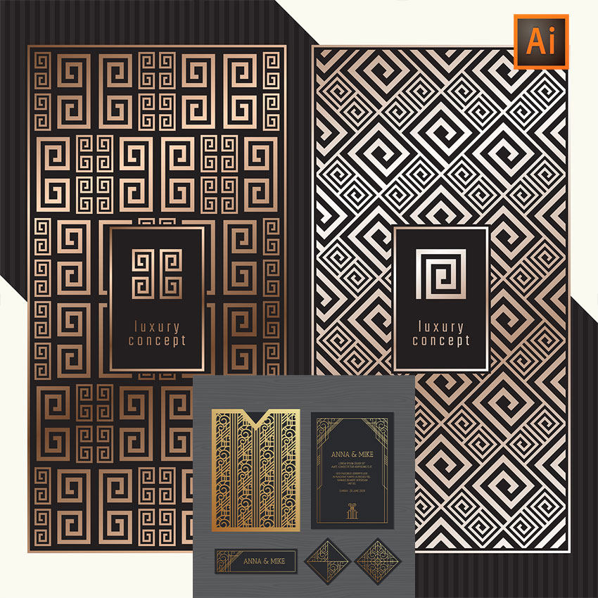 婚礼请柬卡片金色线条几何回纹重复格子背景AI矢量设计素材