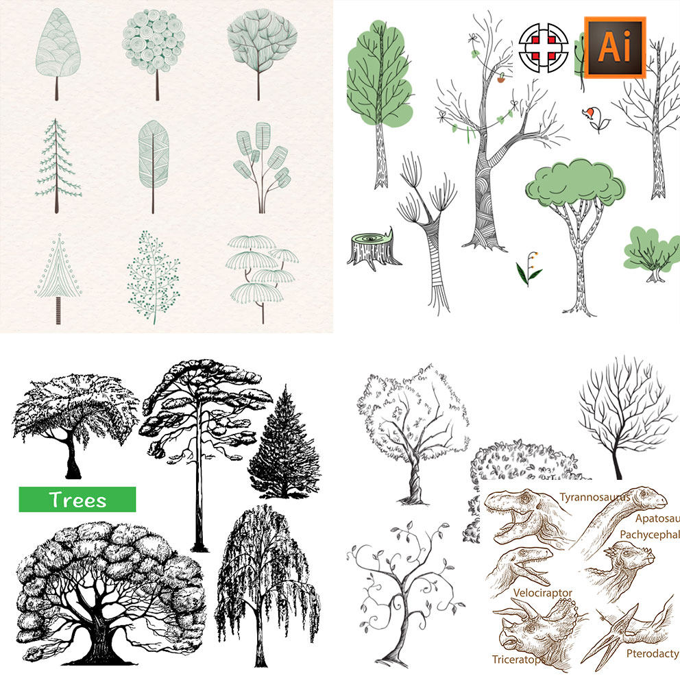 黑白手绘树林大树草图素描简笔画ai矢量设计素材