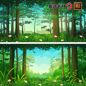 绿色树林森林公路阳光草地卡通插画背景AI矢量设计素材