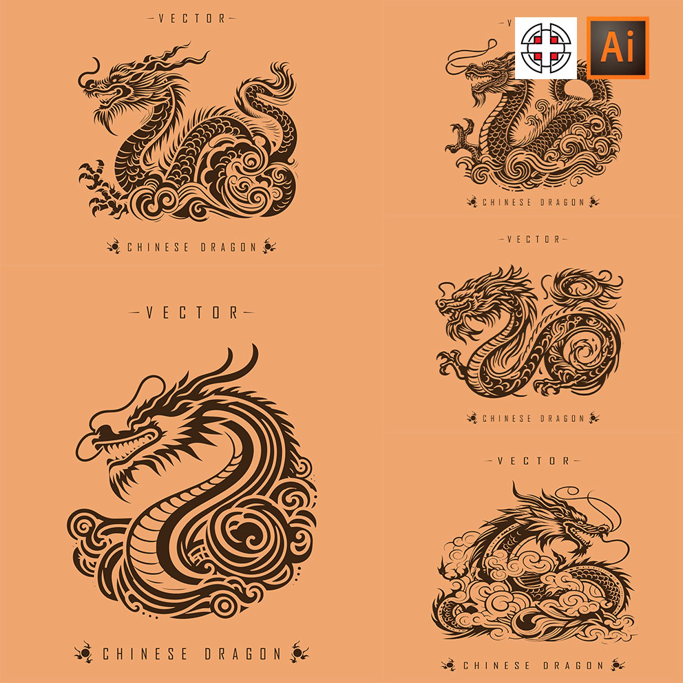 黑白剪影龙图案ai矢量设计素材