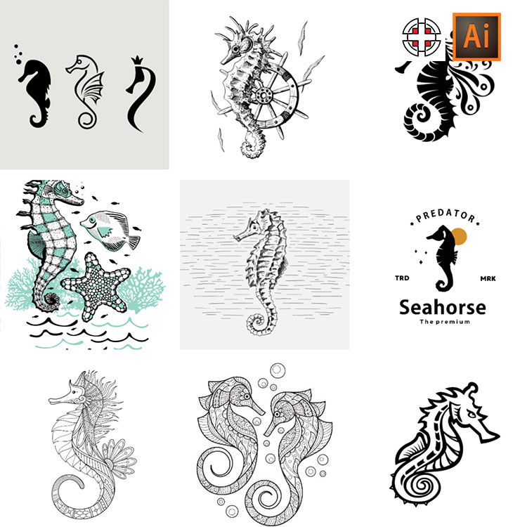 海马剪影线稿线条剪影插图雕刻图标AI矢量设计素材
