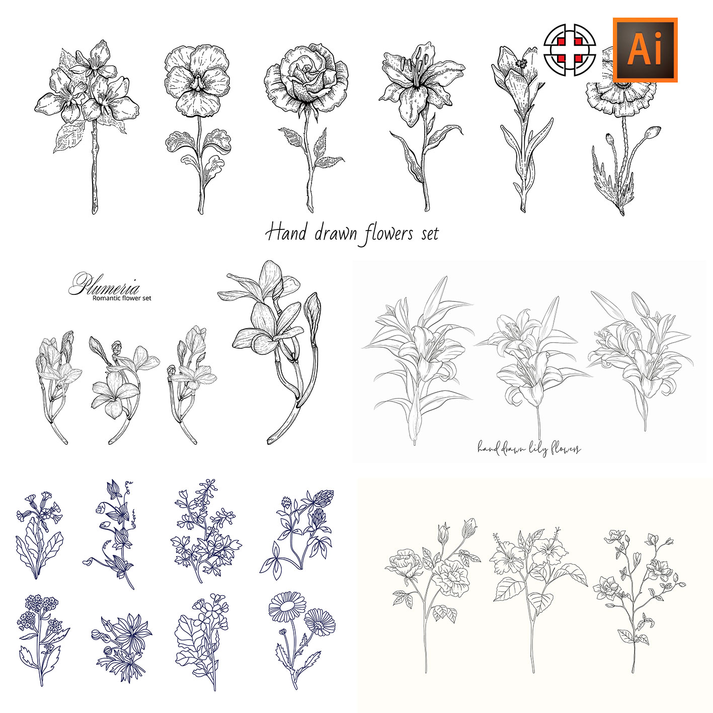 各种花枝花卉鲜花白描草图插图装饰花纹AI矢量设计素材