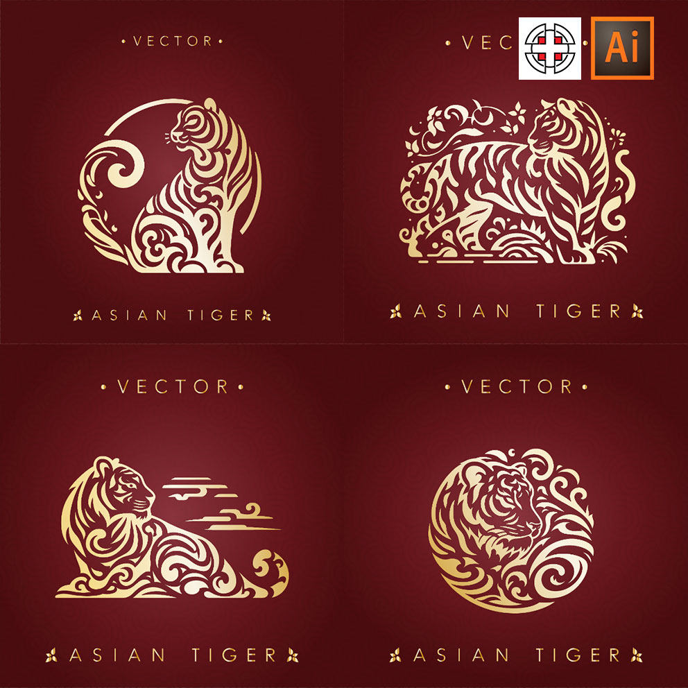老虎纹理纹样雕刻剪影印章图案ai矢量设计素材