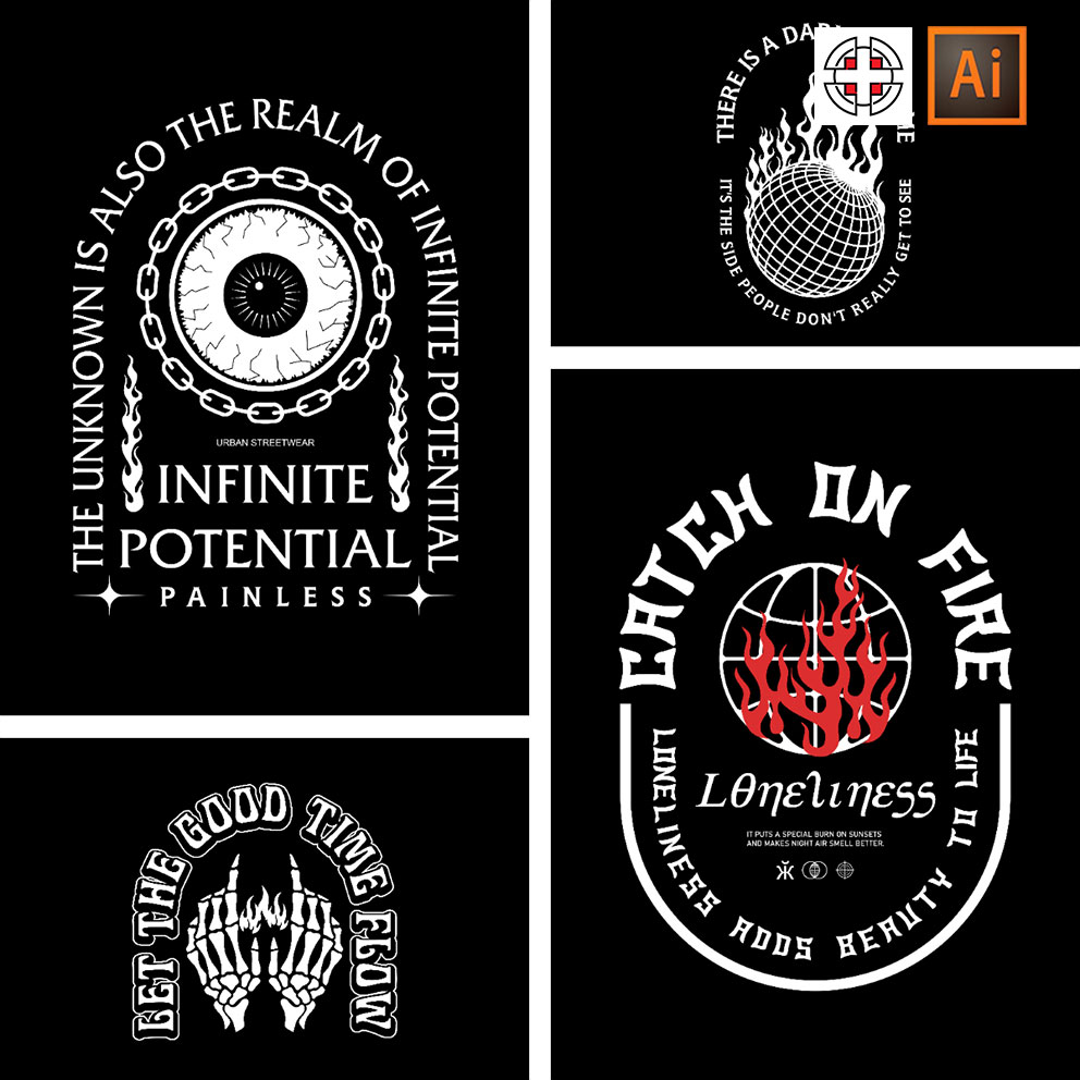 骷髅rap朋克英文字母地球火焰t恤印花图案ai矢量设计素材