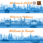 亚洲欧洲法国美国世界城市地标旅游建筑线稿剪影AI矢量设计素材