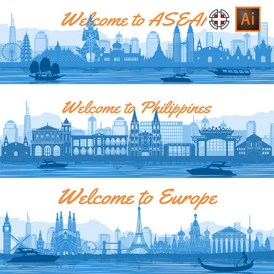 亚洲欧洲法国美国世界城市地标旅游建筑线稿剪影AI矢量设计素材