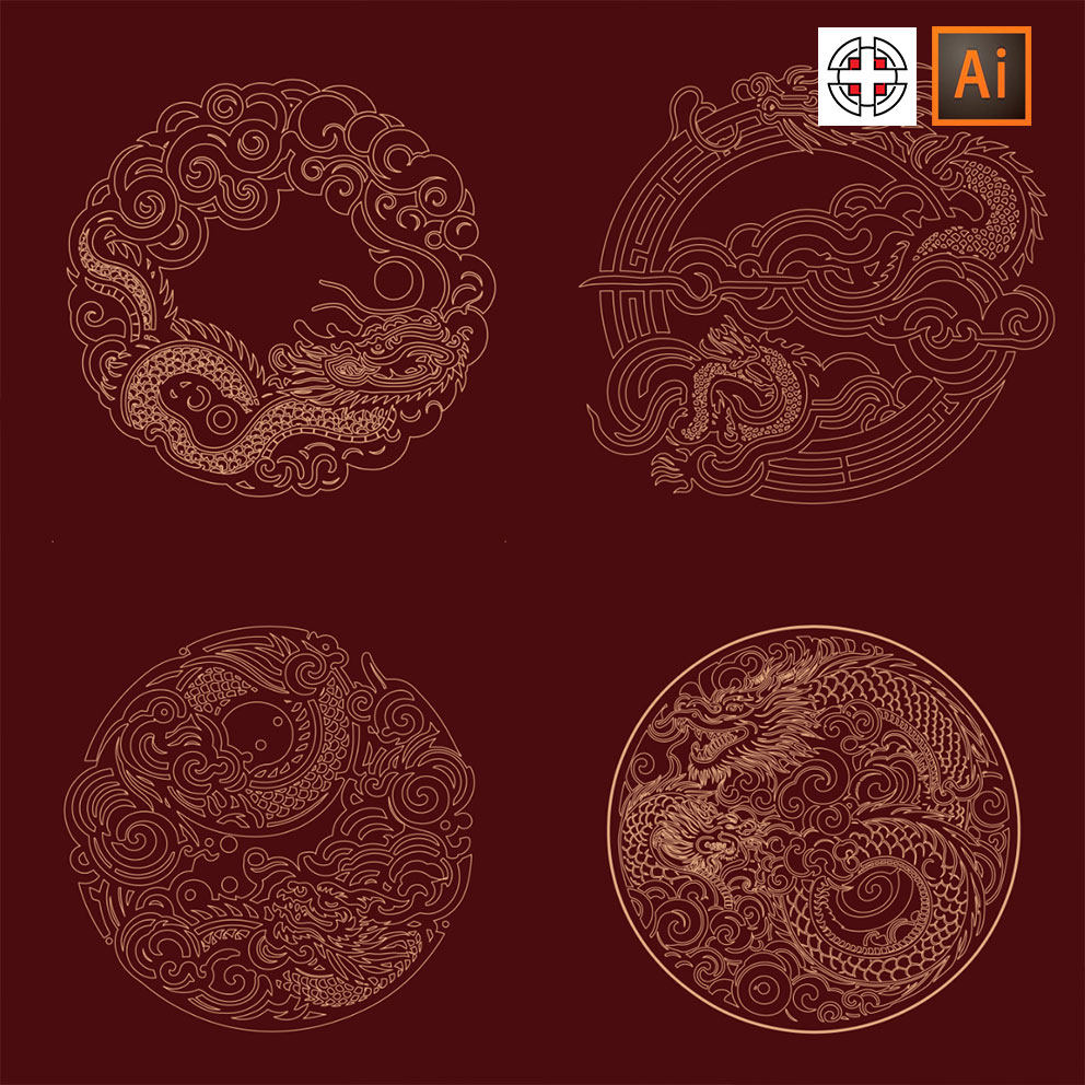 传统祥云纹样龙年龙头龙纹线描线稿雕刻剪影印章ai矢量设计素材