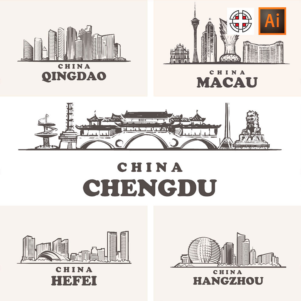 澳门北京合肥青岛苏州杭州天津武汉素描城市地标ai矢量设计素材